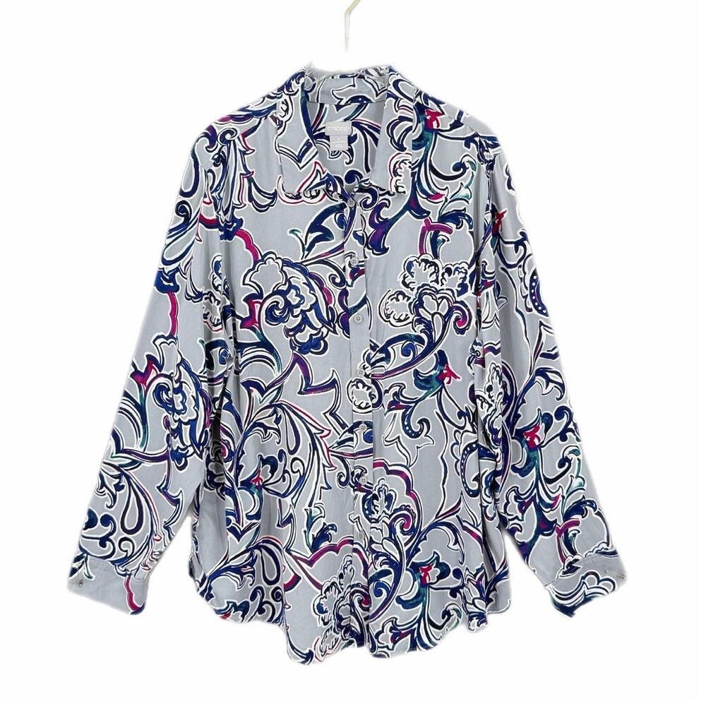 Chico’s Sz 3 Gray Paisley Button Down Classic Casual Collared Career Blouse Top